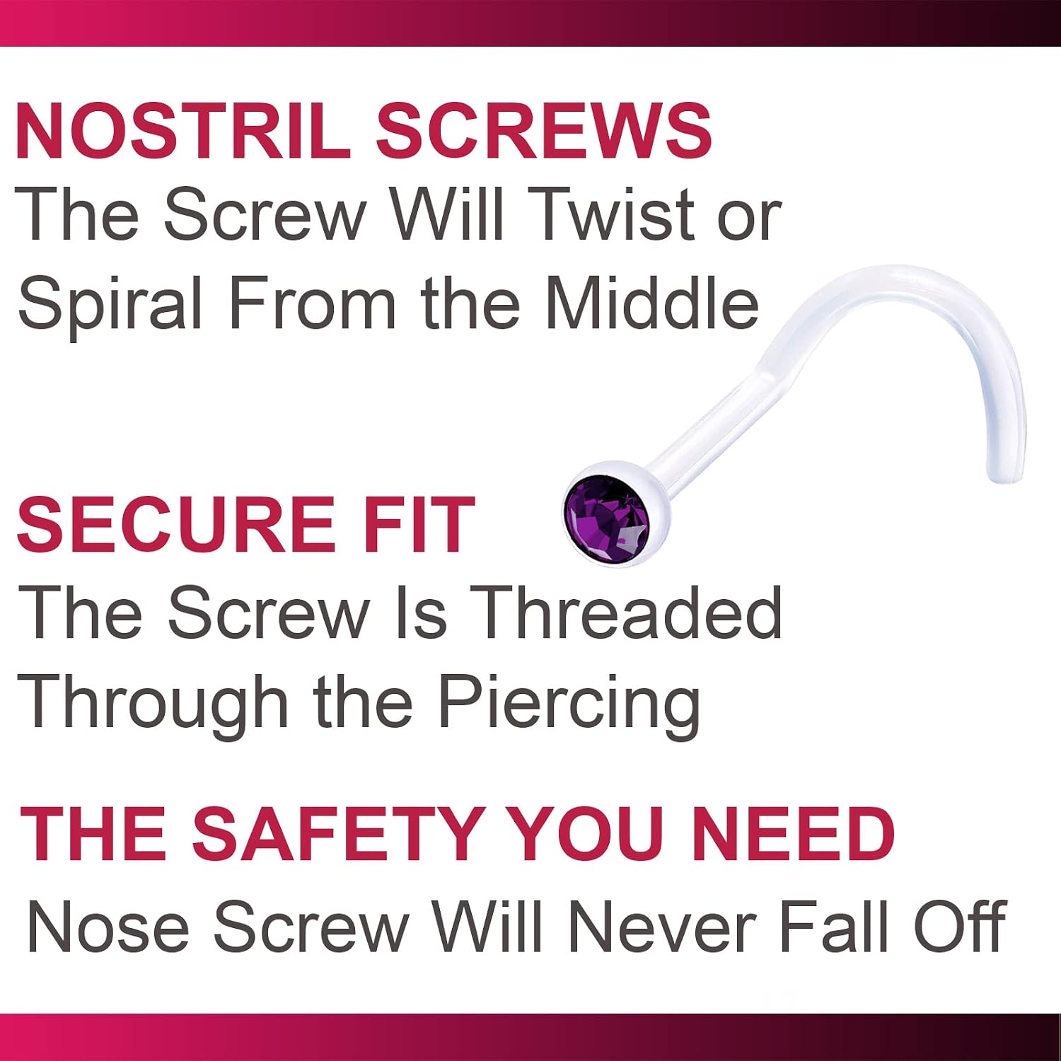 3Pcs 18g 1mm Nose Screw Rings Bioflex Flexible Corkscrew Nostril Piercing Jewelry 2.5mm Crystal - Amethyst