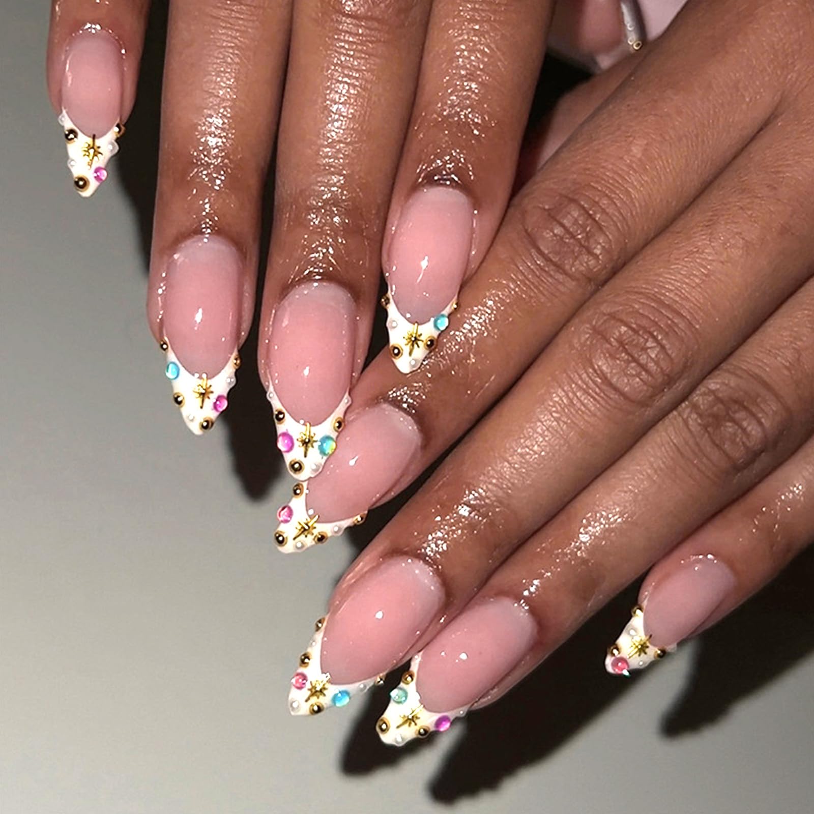 24Pcs Handmade Press on Nails French Tip Medium Almond Fake Nails with Colorful Beads Design Spring Glue on Nails Gold Star False Nails Full Cover