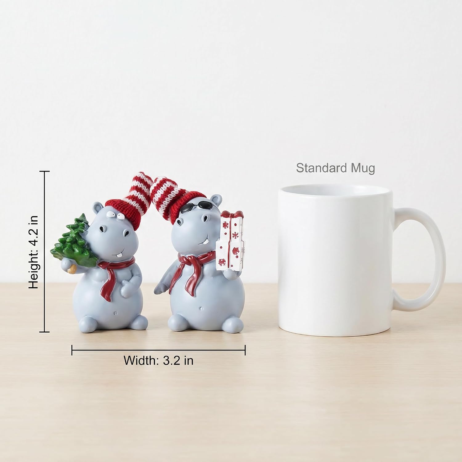 2-Piece Funny Christmas Hippo Ornaments Hippopotamus Gifts Resin Hippo Figurines for Indoor Tabletop Christmas Decorations Holiday Home Decor, Ideal Xmas Gift for Family & Friends