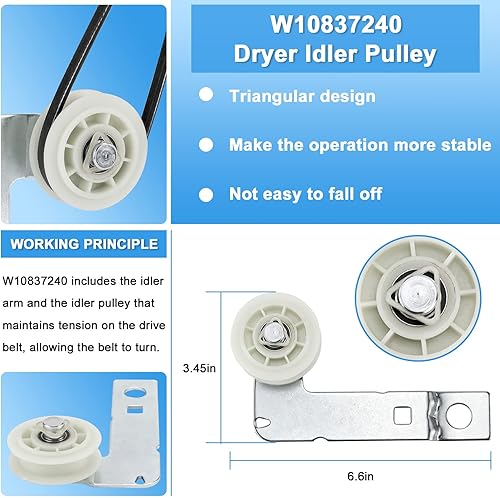 Miniatura 3 de (4392067 y W10837240 + 279640), incluye rodillo de tambor WPW10314173 y correa 661570V y 2 piezas de polea tensora 279640, kit de mantenimiento que