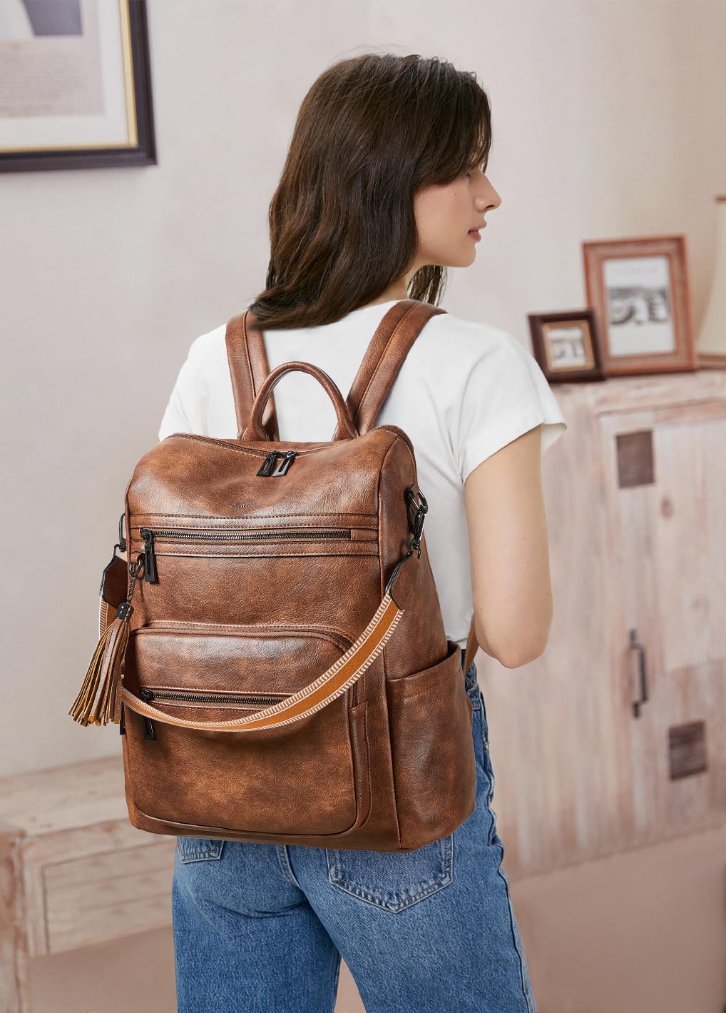 Shrrie 15,6 Zoll Laptop-Rucksack für Damen – Großer Reiserucksack aus Leder, wasserabweisend, für Freizeit, Uni, Arbeit, Handgepäck-Zweifarbiges Braun