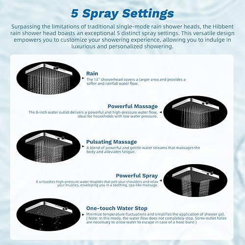 Miniatura 2 de Hibbent Combo de cabezal de regadera, 13 pulgadas, alta presión, 5 chorros, 10 modos de pulverización, brazo metálico desviador de 4 vías con modo