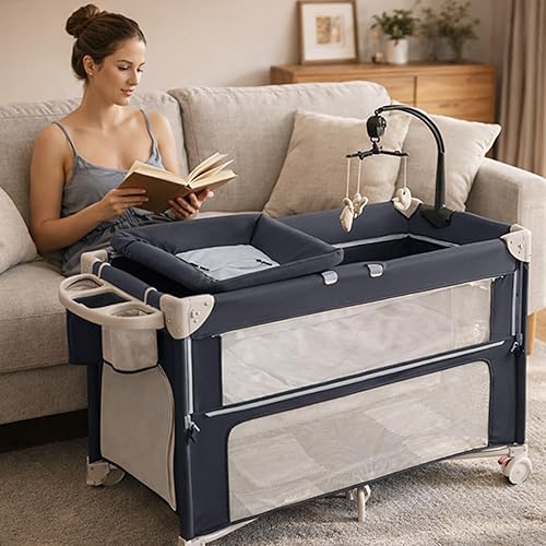 Paquete y juego 5 en 1, moisés plegable para bebé, cuna de noche de un solo empuje, incluye colchón, cambiador, mosquitero, juguete musical y Gris