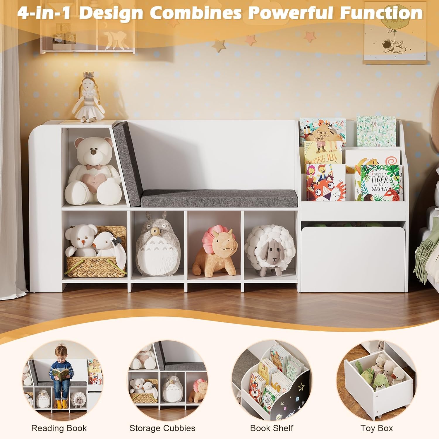 PAKASEPT 70.9”Kids Reading Nook with Bench and Chalkboard, Wooden Kids Bookshelf and Toy Storage,Toy Organizer for Boys & Girls for Playroom