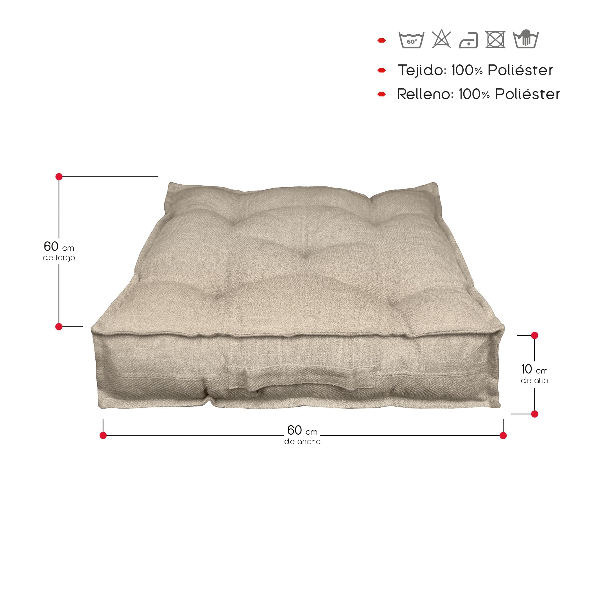 TIENDA EURASIA – Cojin de Suelo Cuadrado | Acolchado | Poliéster | Cojines de Suelo | Medidas 60x60x10 cm | Cojines Exterior Jardin | con Asa de Transporte y Cremallera (Beige)