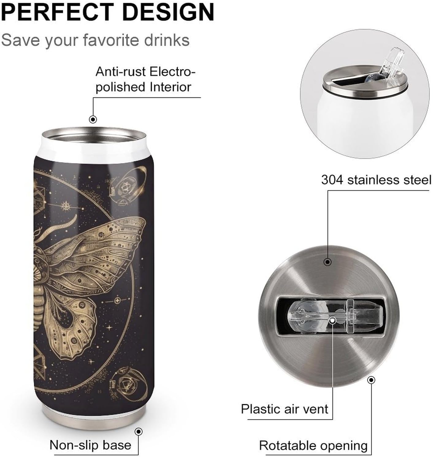Stainless Steel Cups Moth Printed Coke Cup Stainless Steel Insulated Cups with Lid And Straw
