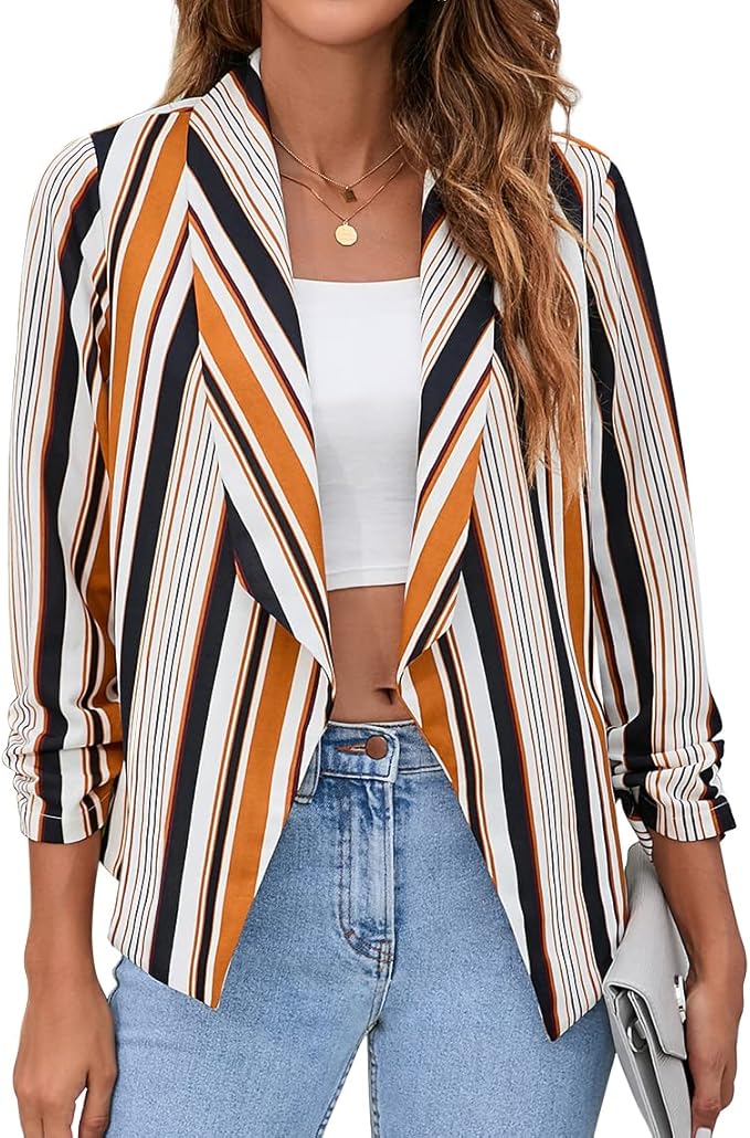 GRECERELLE Women's Blazer Suit Open Front Cardigan 3/4 Sleeve Fitted Jacket Casual Office Cropped Blazer