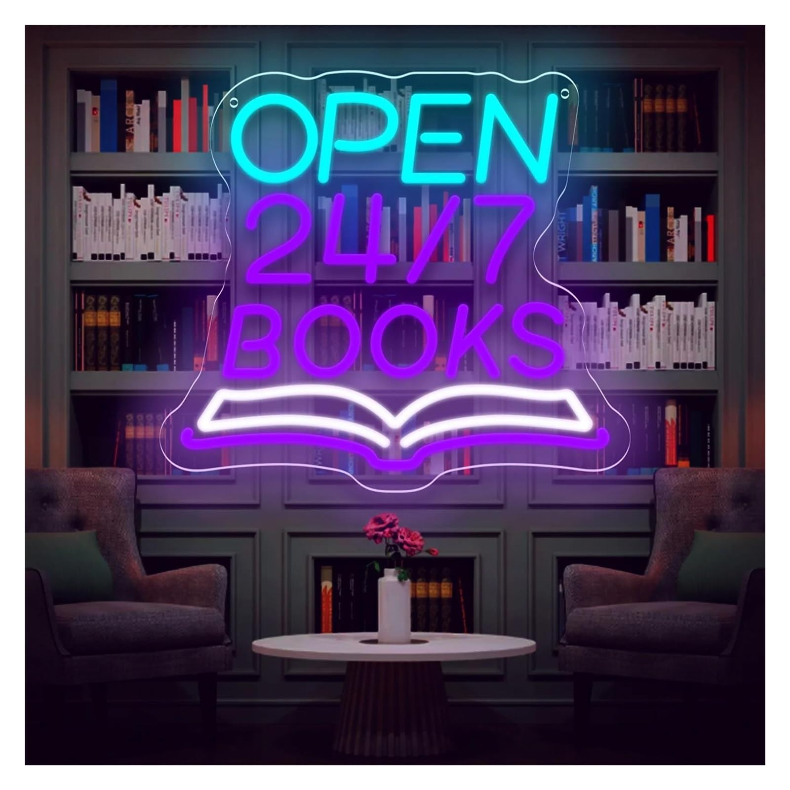 Luci al Neon Da Parete Insegna Al Neon Dimmerabile Open 24/7 Books Angolo Lettura Per Libreria, Biblioteca, Arredamento Per Caffè, Per Amanti Dei Libri, 35.5x31.8cm