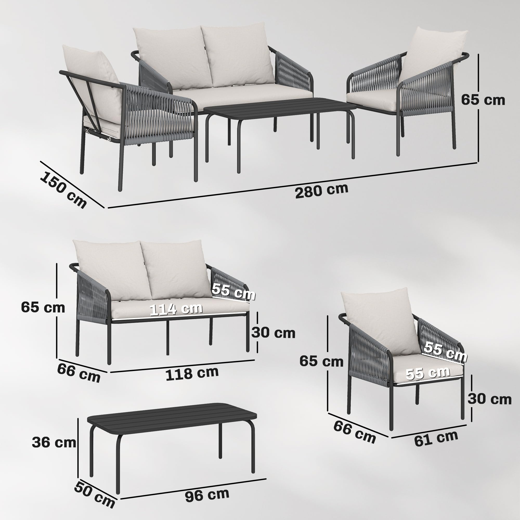 Outsunny Set Salotto da Giardino 4 Pezzi in Rattan, Set di Mobili da Giardino con Divano 2 Posti, 2 Sedie, Tavolino da Caffè Piano Metallo, Cuscini, Struttura in Acciaio, Cachi Grigio Chiaro