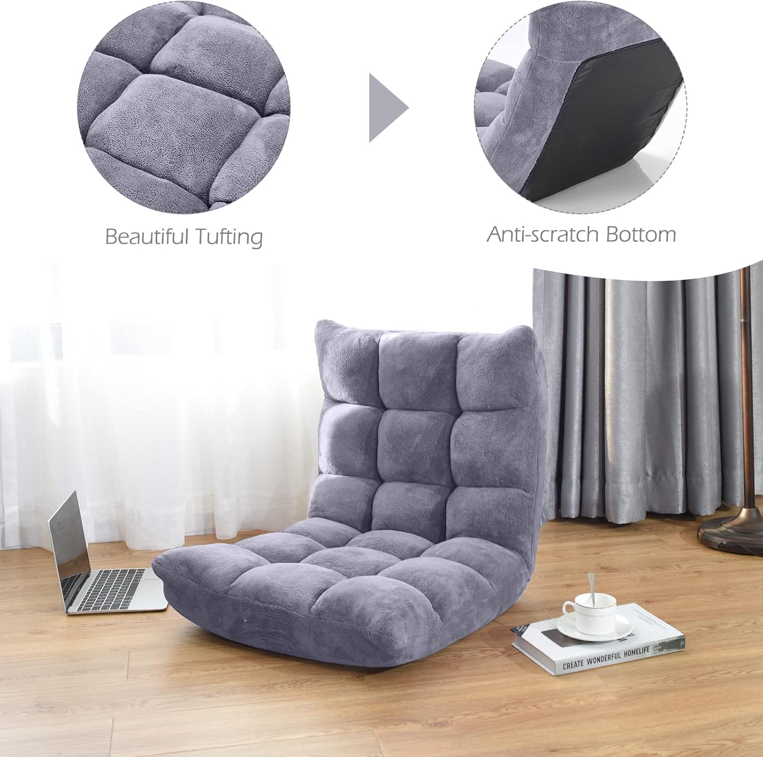 COSTWAY Floor Chair, Video Gaming Chairs with Back Support, Adjustable 14-Position, Alloy Steel Frame, Lazy Sofa Lounge Recliner for Adults Kids, Grey