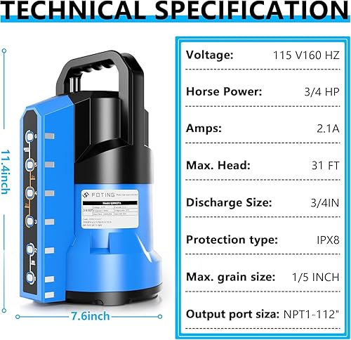 Miniatura 2 de FOTING Bomba de sumidero 34HP Bomba de agua sumergible automática 3 modos, 2400 GPH termoplástica eléctrica portátil bomba de agua de transferencia