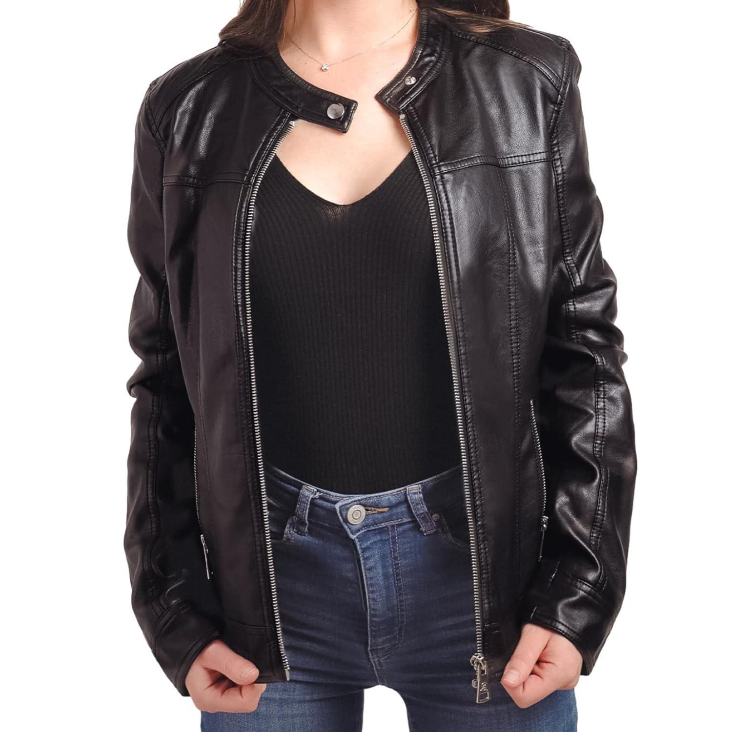 QUEEN HELENA Giacca di Pelle Giubbino Corto Giacchetta Biker Leggera con Zip Casual Donna Y4002