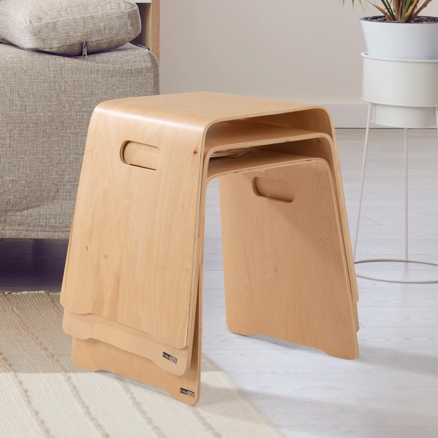 Sitzhocker - Stapelbar - Belastbar bis 80 kg - 47 x 45 x 42 cm - Braun - Birkenholz - Stapelhocker Holzhocker