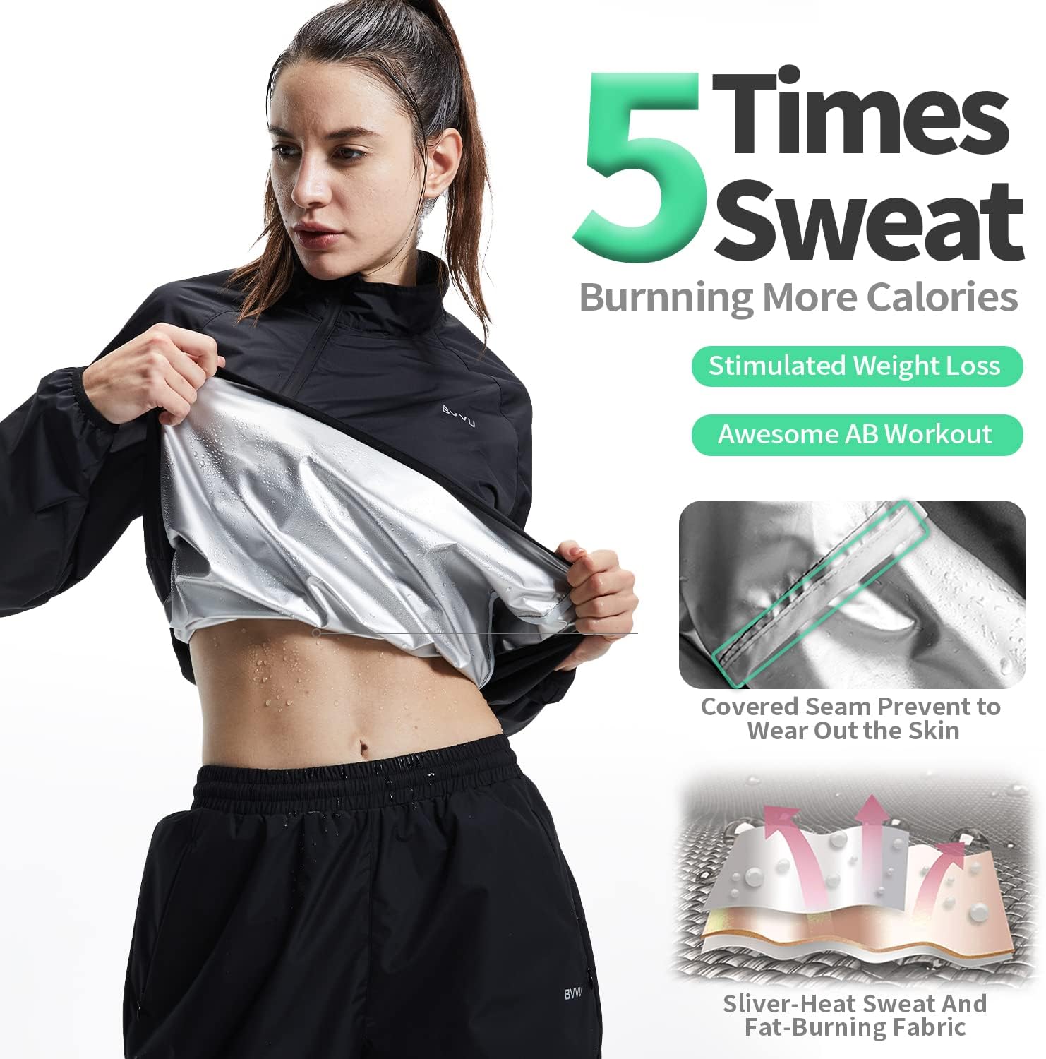 BVVU Sauna Suit for Women Sweat Suits Zipper Plus Size Workout Sweat Sauna Jacket Pants Anti Rip Exercise Boxing Gym