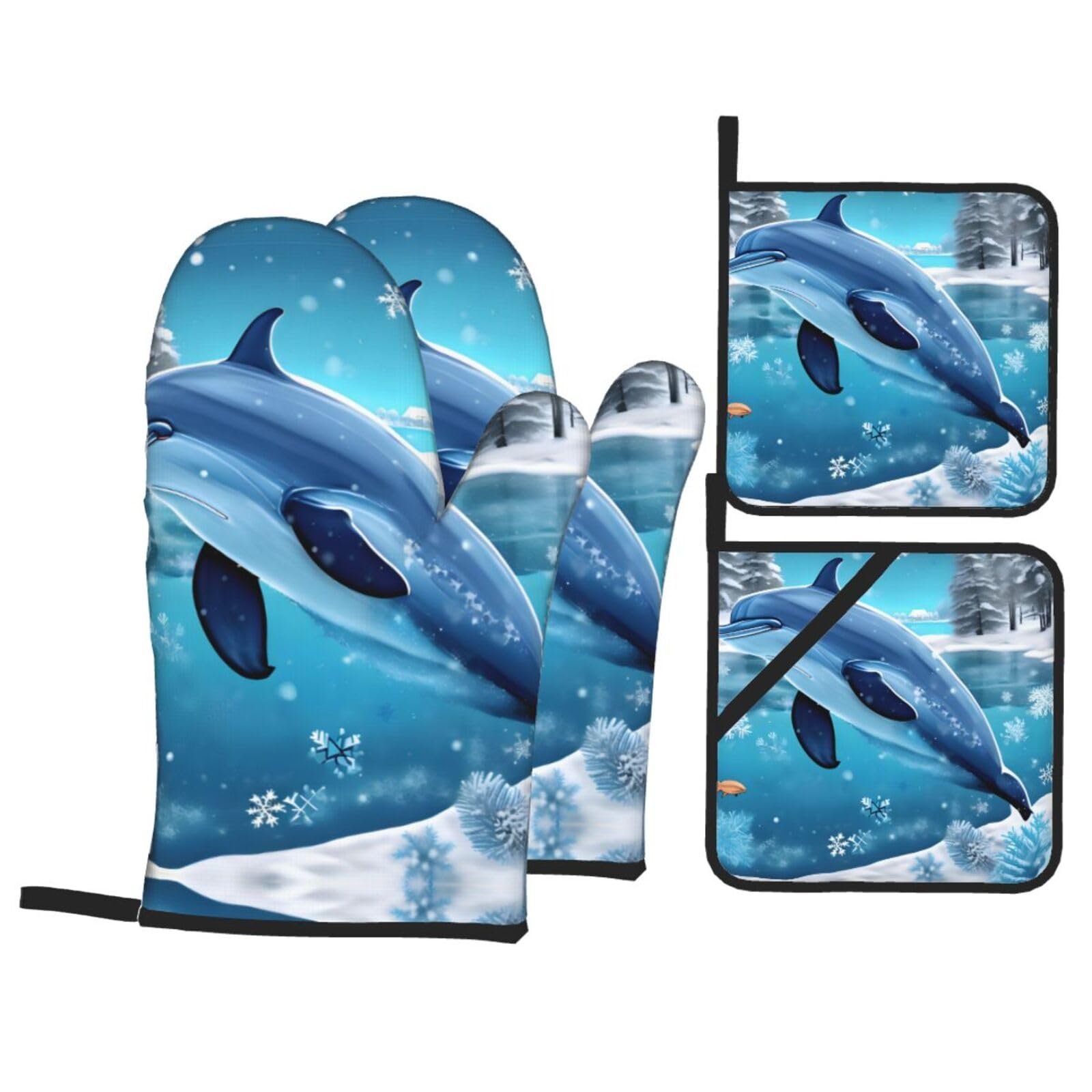 winter the dolphin Printed Baking 4-Piece Set, includes oven mitts and a heat-resistant mat, suitable for oven and BBQ use