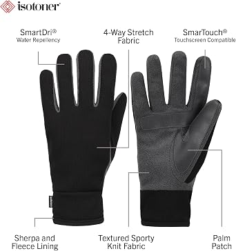 isotoner Mens Tech Stretch Touchscreen Texting Double Lined Cold Weather Gloves with Water Repellent Technology
