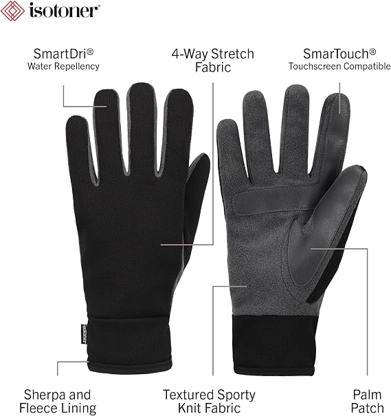 isotoner Mens Tech Stretch Touchscreen Texting Double Lined Cold Weather Gloves with Water Repellent Technology