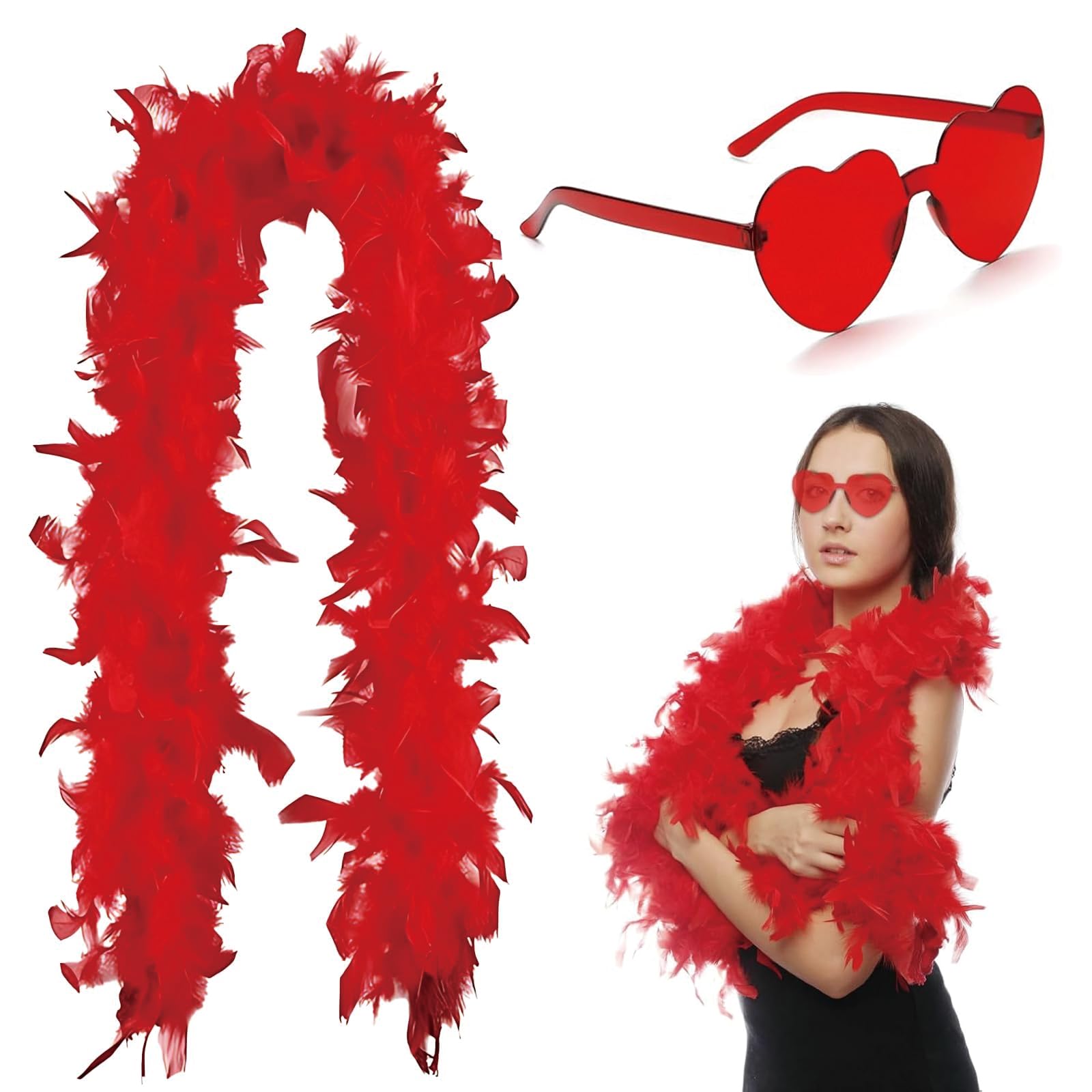 Red Feather Boa, Party Accessories with Glasses, 2 Metre Length, Soft and Vibrant Feather Scarf for Themed Events and Costume Parties, Perfect for Celebrations and Holidays