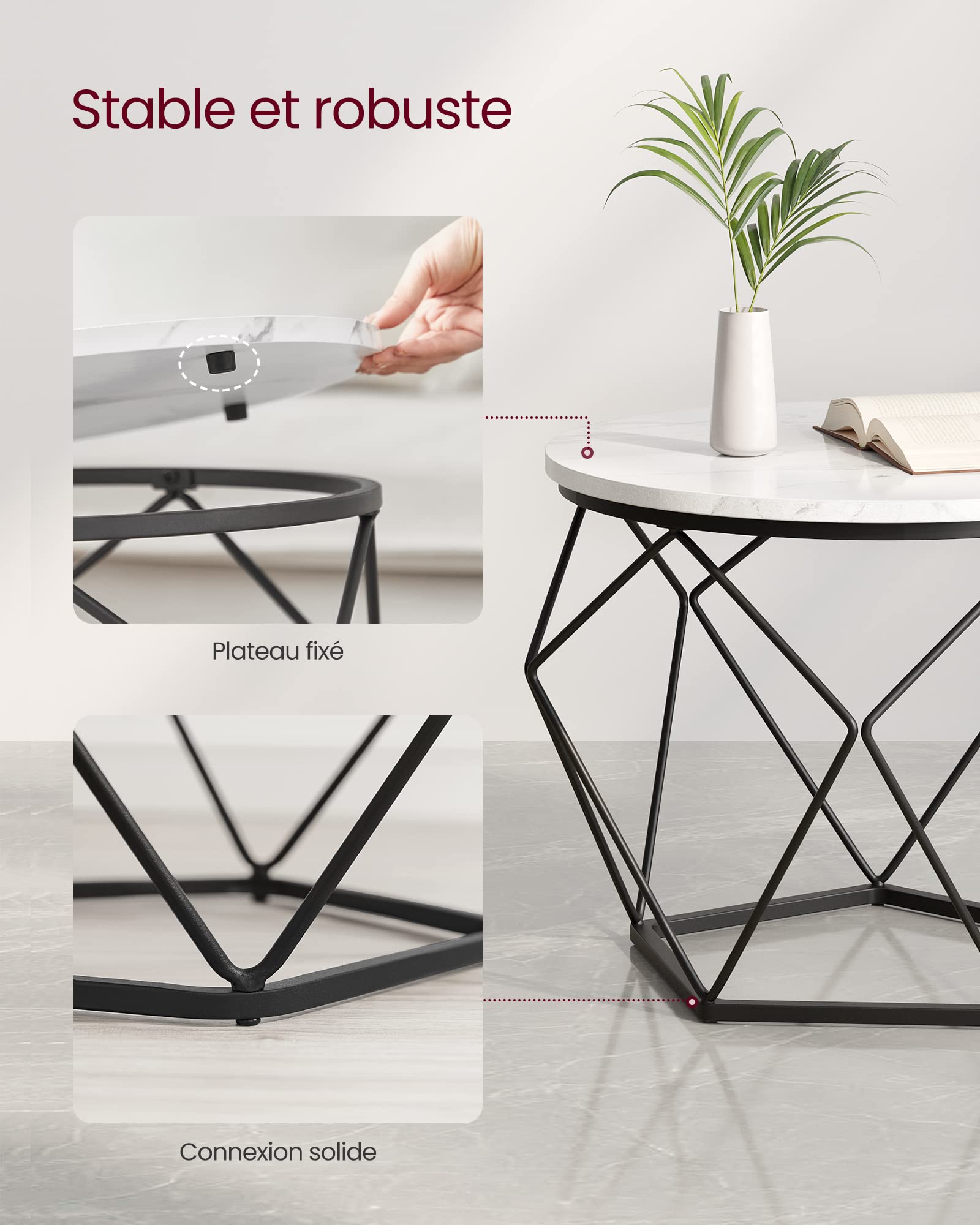 VASAGLE Table Basse Ronde, Lot de 2, Table d’Appoint, Bout de Canapé, Style Moderne, Plateau Amovible, Cadre en Acier, pour Salon, Blanc et Noir LCT041W59