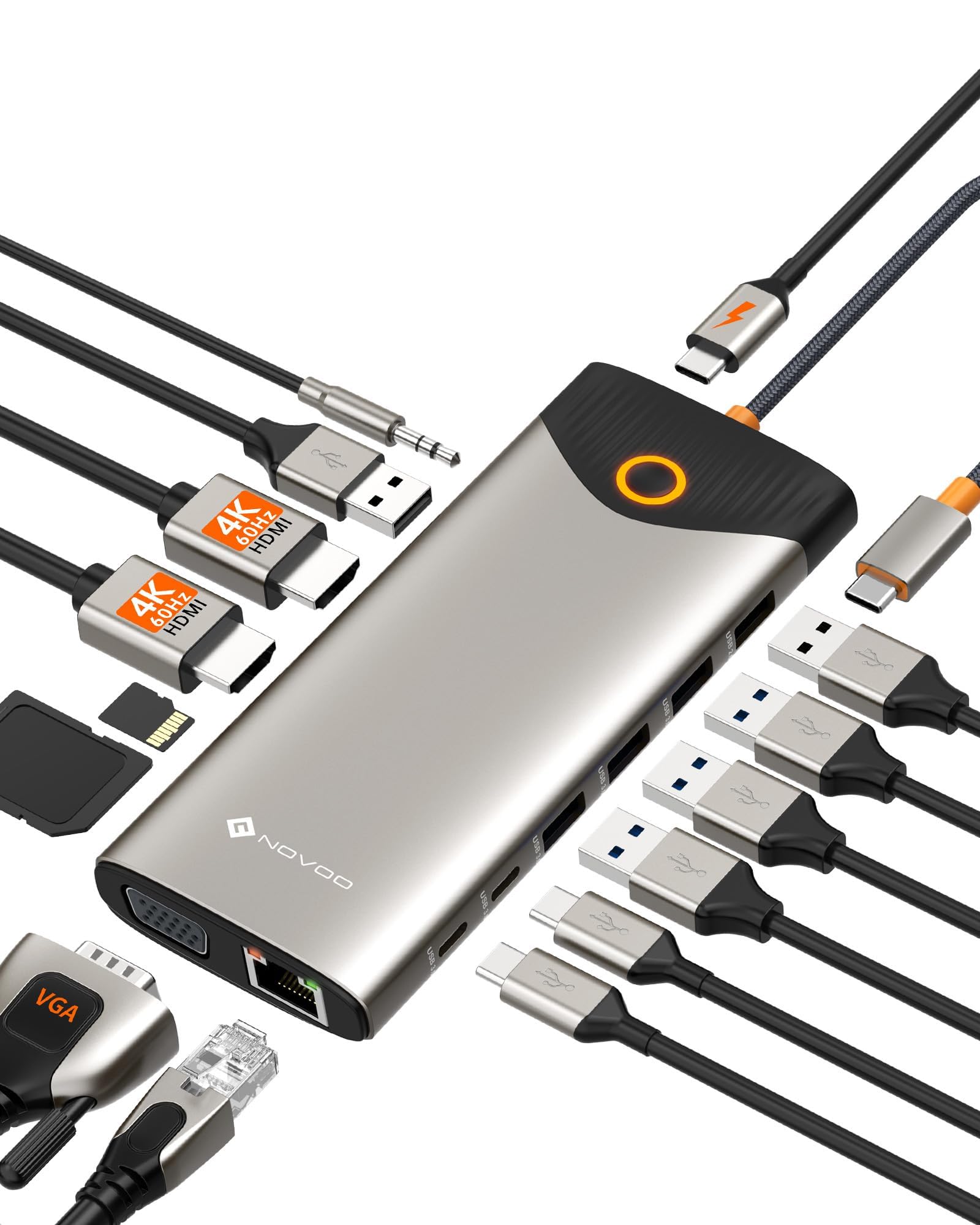 NOVOO 15-in-1 USB C ハブ 4K@60Hz対応【3画面出力/画面オフボタン搭載/LEDインジケーター/収納設計/30cm延長ケーブル】ドッキングステーション【HDMI×2+VGA+USB-A/C高速転送+PD100W充電+SD/TF+RJ45+3.5mm】Mac/Windows対応