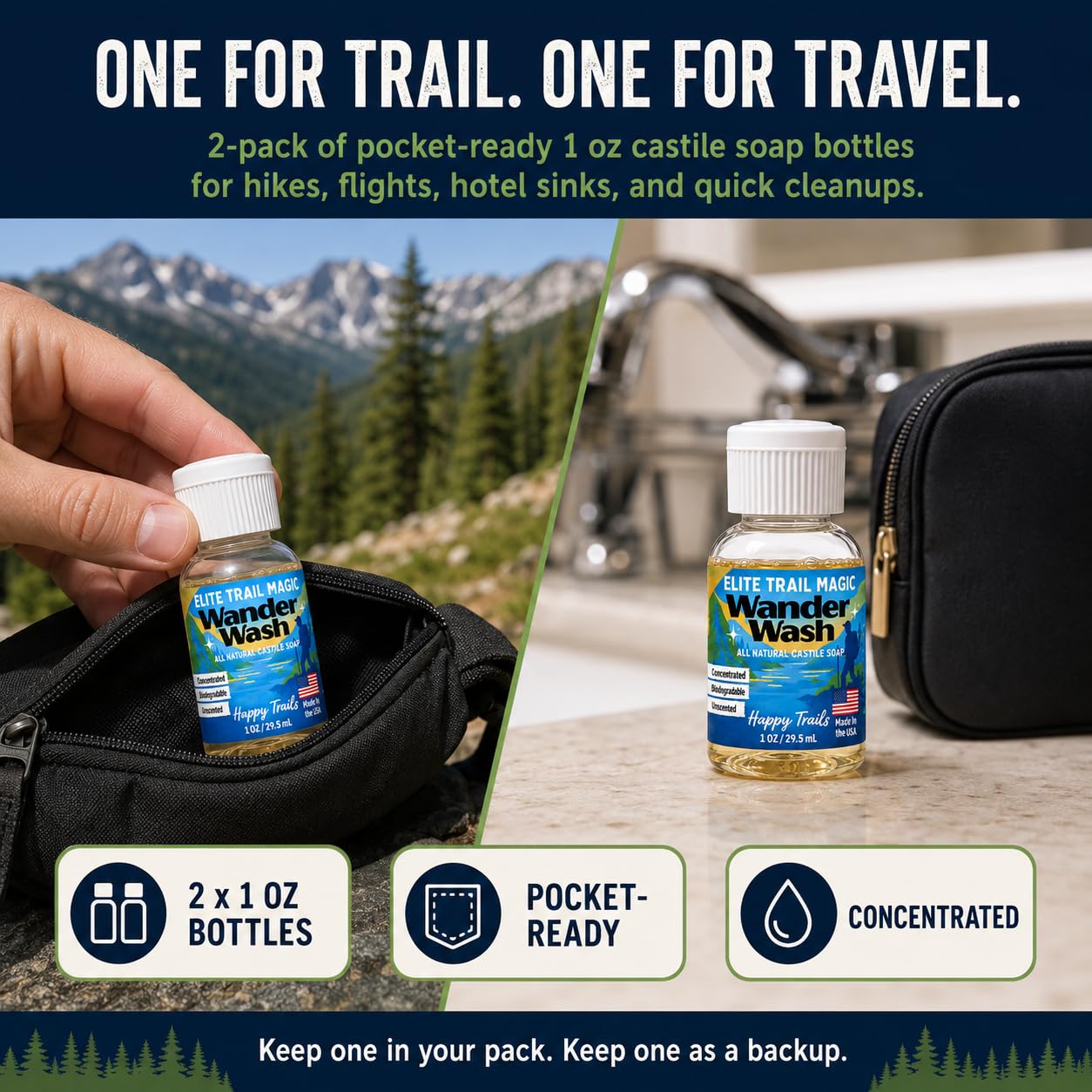 Elite Trail Magic- 2 pack- Made In USA- Wander Wash Biodegradable Castile Soap – Ultralight (2) 1 oz Concentrated Liquid Soap for Camping -Travel & Backpacking – All Purpose, Unscented (2)