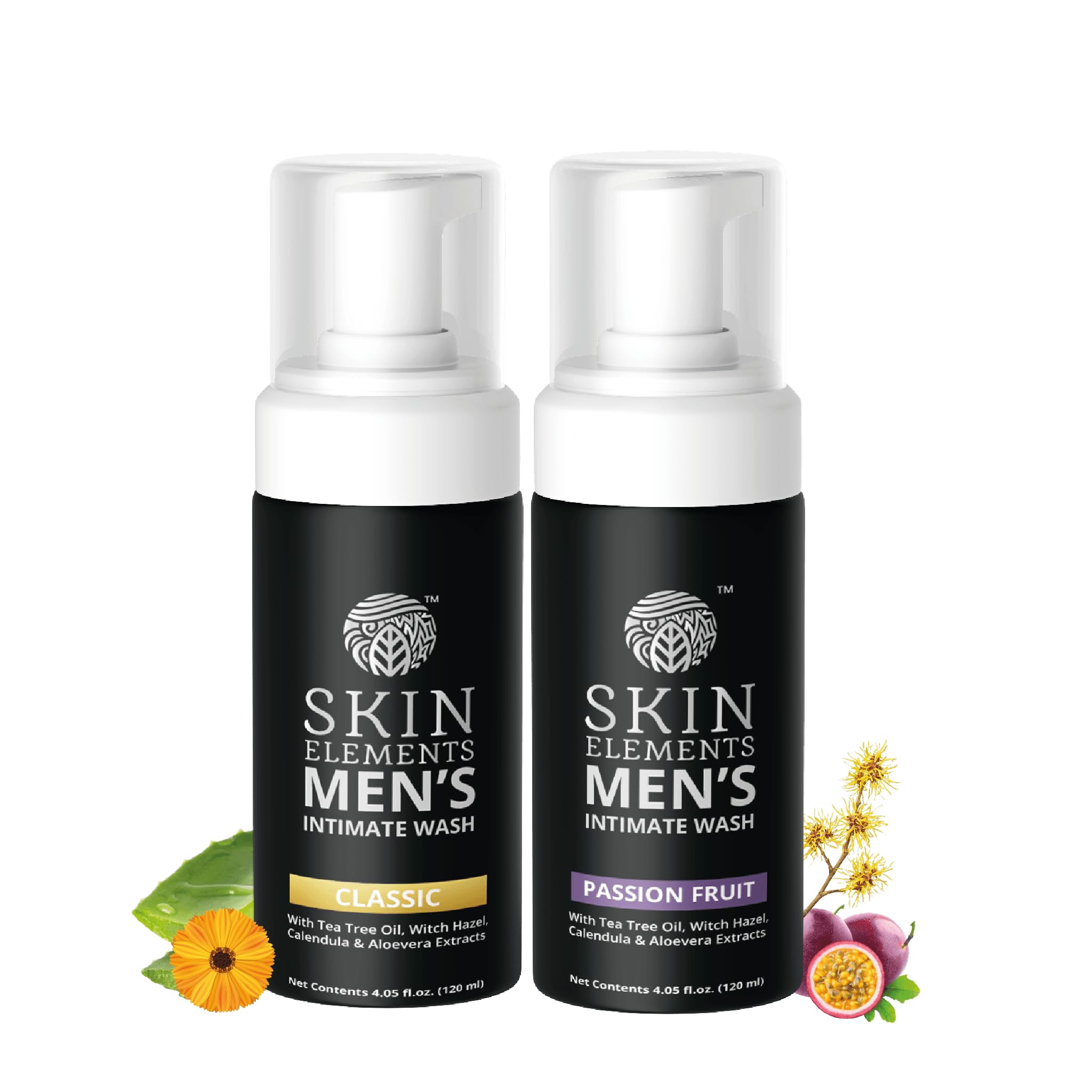 Skin Elements Men's Intimate Wash Combo - Paquete de 2 | Aceite de árbol de té (clásico) + fruta de la pasión | Previene la picazón, la irritación y el mal olor | (240 ml)
