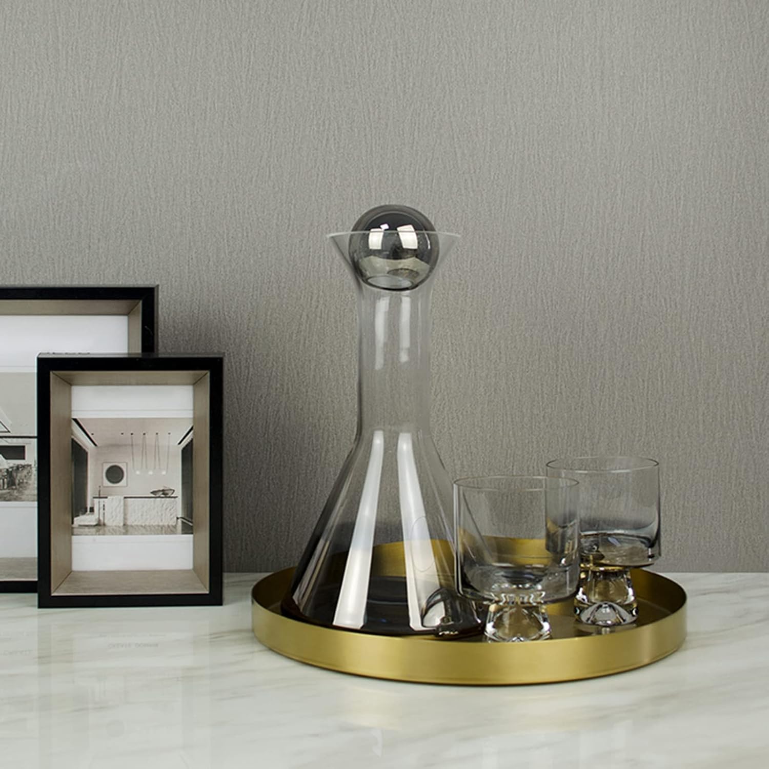 Sempoda Bedside Water Carafe and Glass Set, 39oz Multifunctional Vintage Glass Carafe Set with 4 Cups, Thickened Glass Cold Water Bottle with Stable Base for Bedroom(Golden)