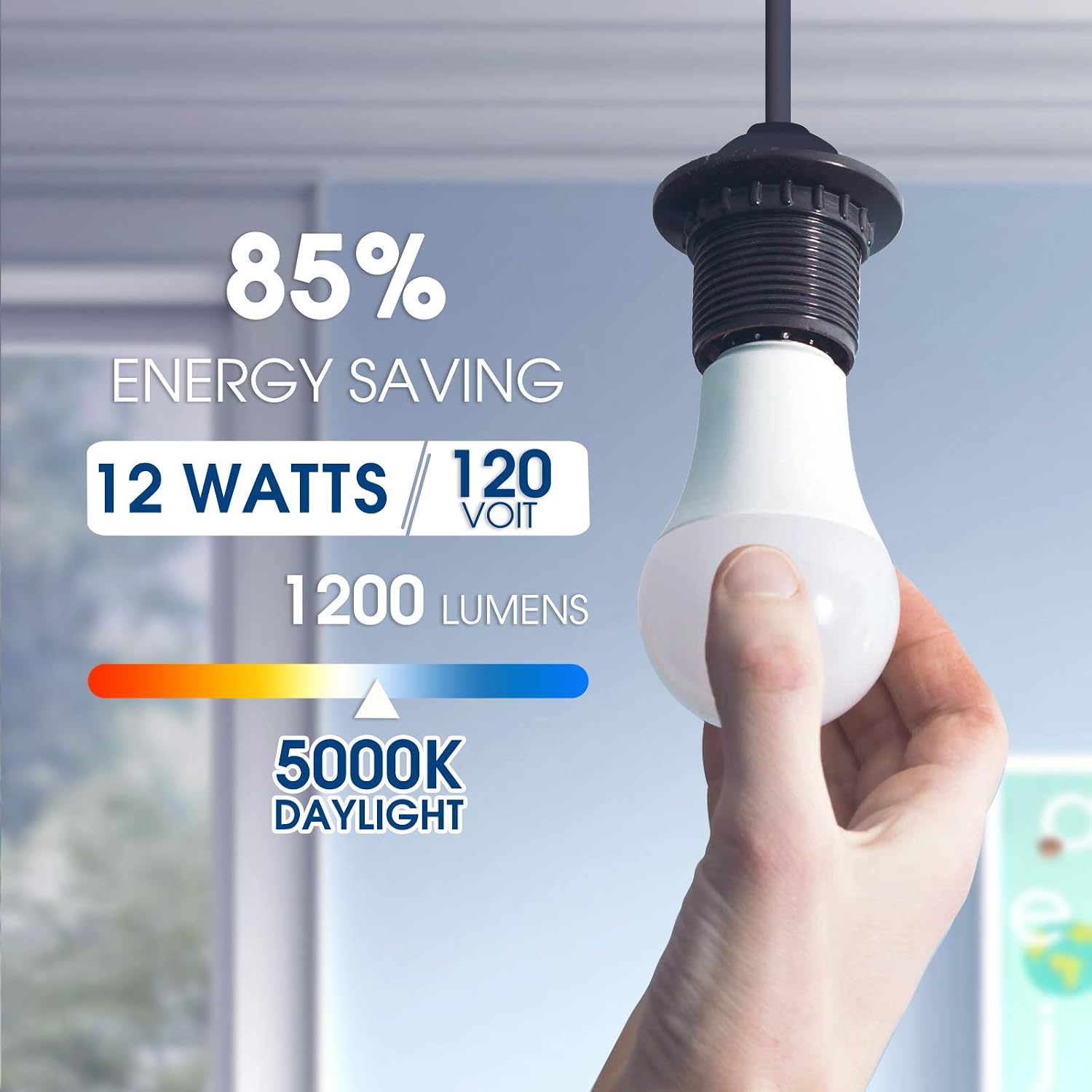 LOHAS A19 LED Light Bulb Dimmable, A19 LED Bulbs Daylight White 5000K, 12W 1200LM A19 Edison Bulb 75W Equivalent, E26 Standard Base LED Bulb Replacement, UL Listed, 4 Pack