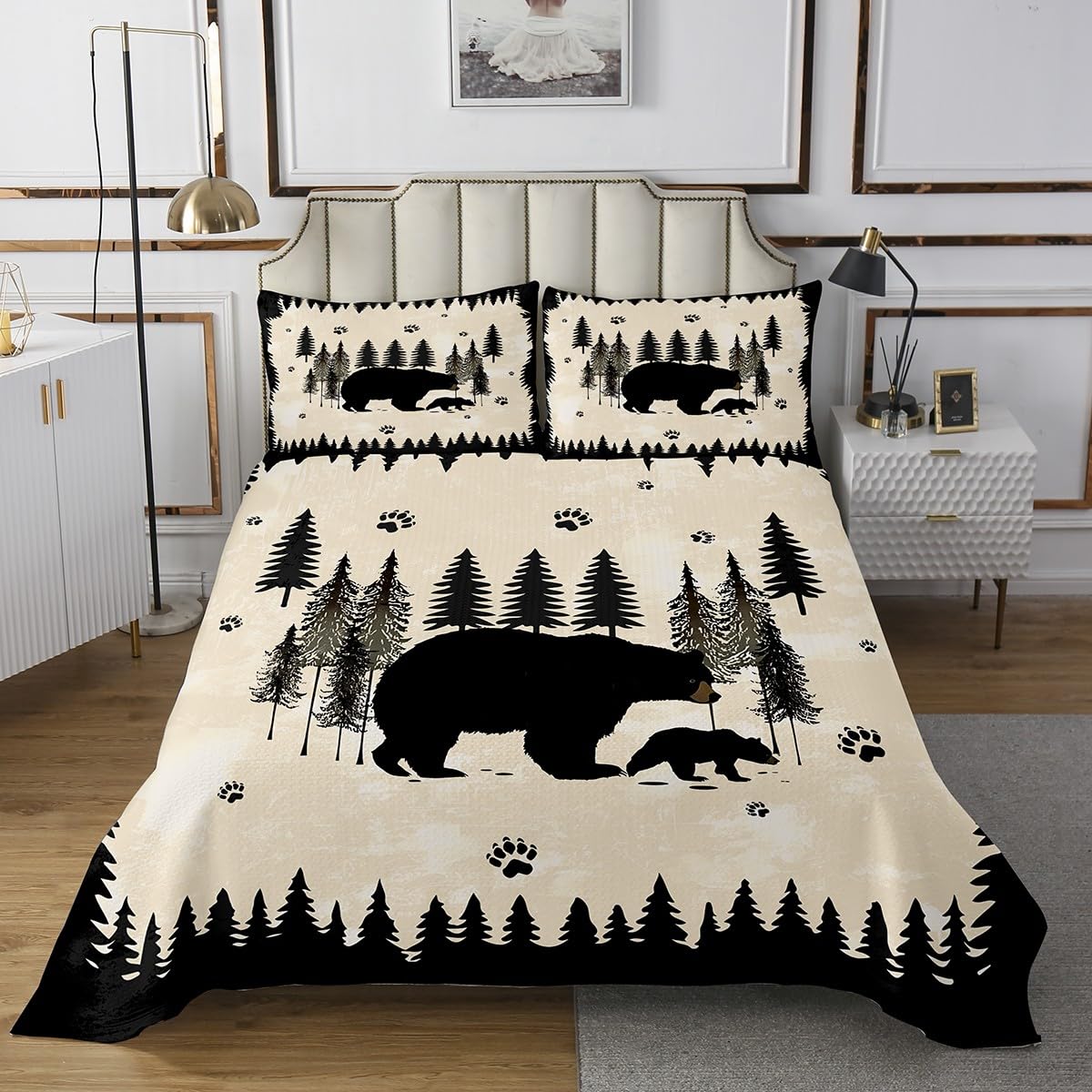 Cartoon Bear Bedding Set,Cute Wild Animal Paw Print Bedspread for Kids Boys Girls Teens,Jungle Pine Trees Silhouette Cabin Coverlet Set with 2 Pillowcases,Queen Size 3 Pcs