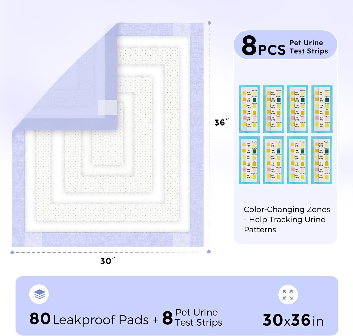 ZOMISIA 3D-Barrier Puppy Pee Pads for Dogs, 18 Cups Absorb & Rise Puffy Gel-Wall Leak-Proof, 30"x36" 80 Counts + 8 Pet Urine Test Strips, Super Absorbent Disposable Potty Training Pads
