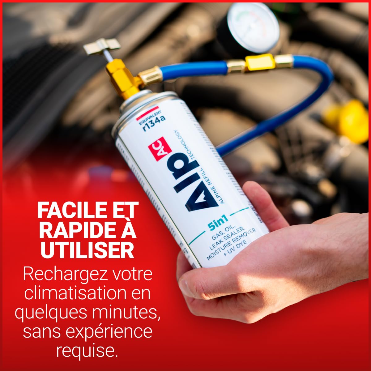 AlpAC 5-en-1 Recharge Climatisation Voiture R134a – Gaz Substitut avec Lubrifiant Compresseur, Anti-Fuite et Traceur UV – Kit Complet Entretien Clim Auto – Solution Économique DIY