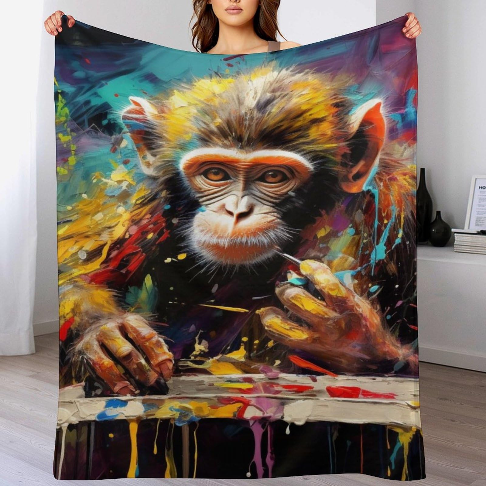 Couverture en flanelle singe plaid doux et chaud pour lit et canapé 130x150cm