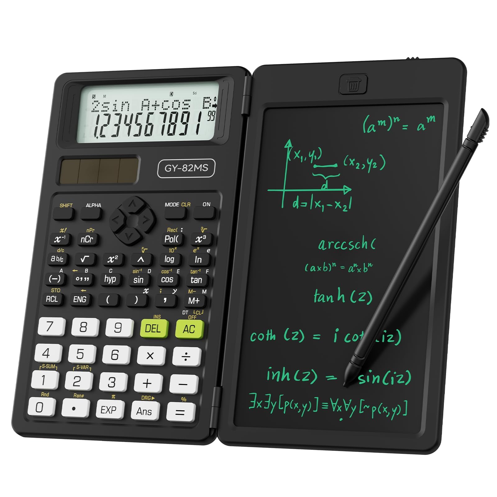 NEWYES Scientific Calculator, 82MS Engineering Calculator with Writing Tablet and Pen Included, 240 Functions, 2-Line Display, Middle and High School Supplies,Black