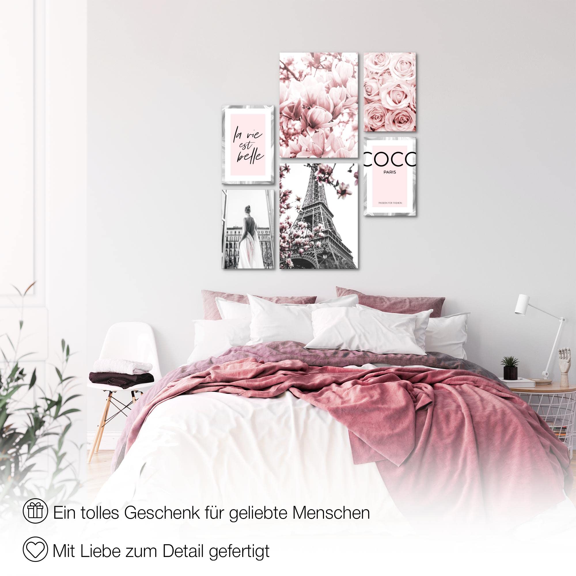 Novart Wandbilder Set Fashion Coco Grau Rosa - KEIN EXTRA RAHMEN BENÖTIGT - Modern Deko - Wohnzimmer Mädchen Teenager N002463a