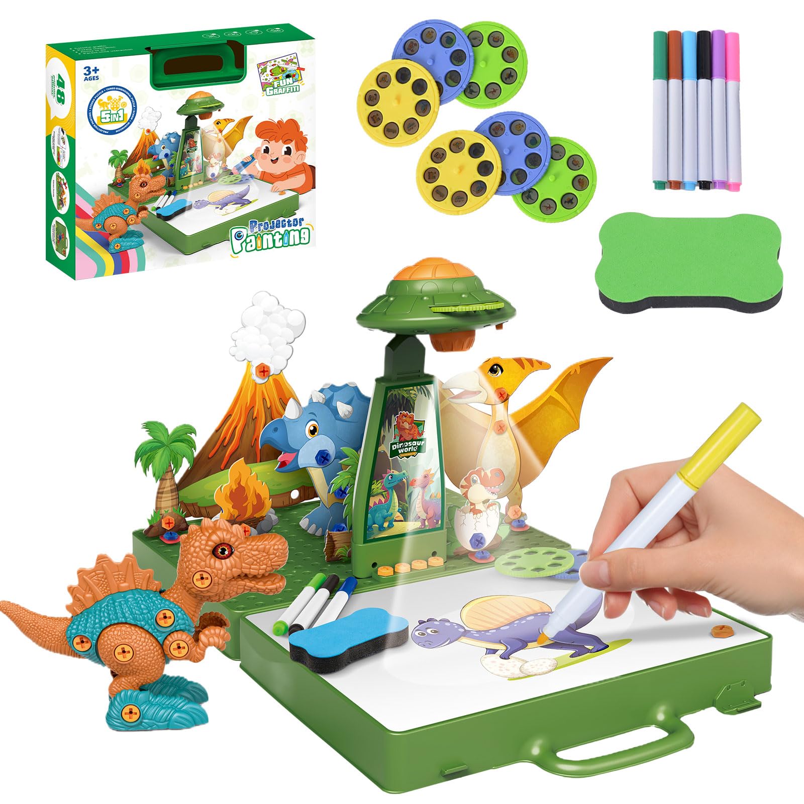 AYAMAYA Drawing Projector for Kids, Art Projector for Tracing with 48 Cartoon Patters, 6 Color Pens, 4 Doodle Board, Stered Puzzle Cards for Boys Girls 3-8 Years Old Learn to Draw and Sketch (Green)