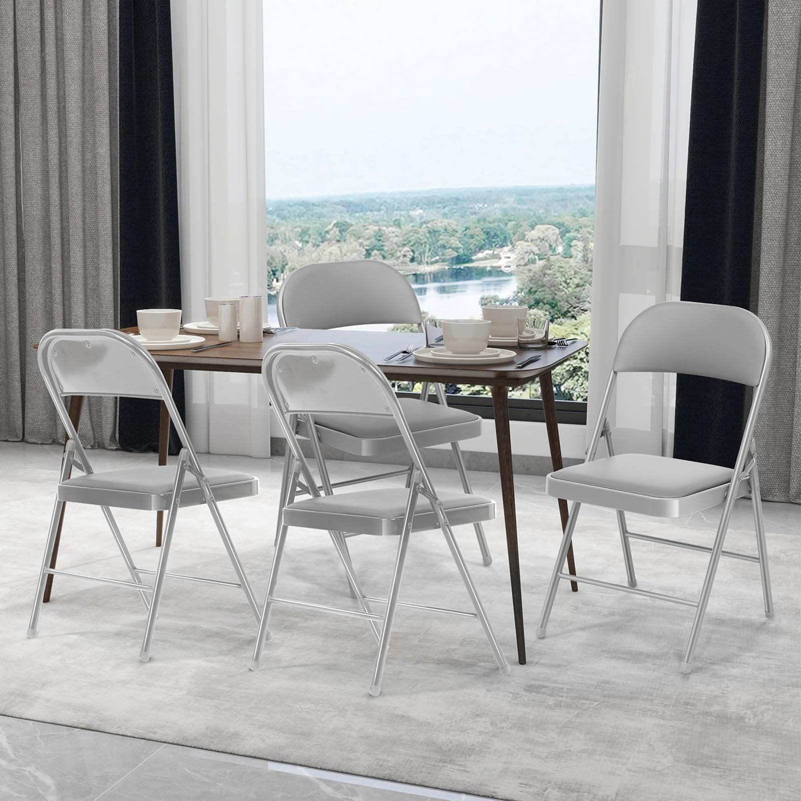 Set da 4 sedie pieghevoli da giardino, sedie da esterno interno, fino a 150 kg, impilabili, sedia pieghevole per ospiti, cucina, yoga, sala da pranzo, grigio