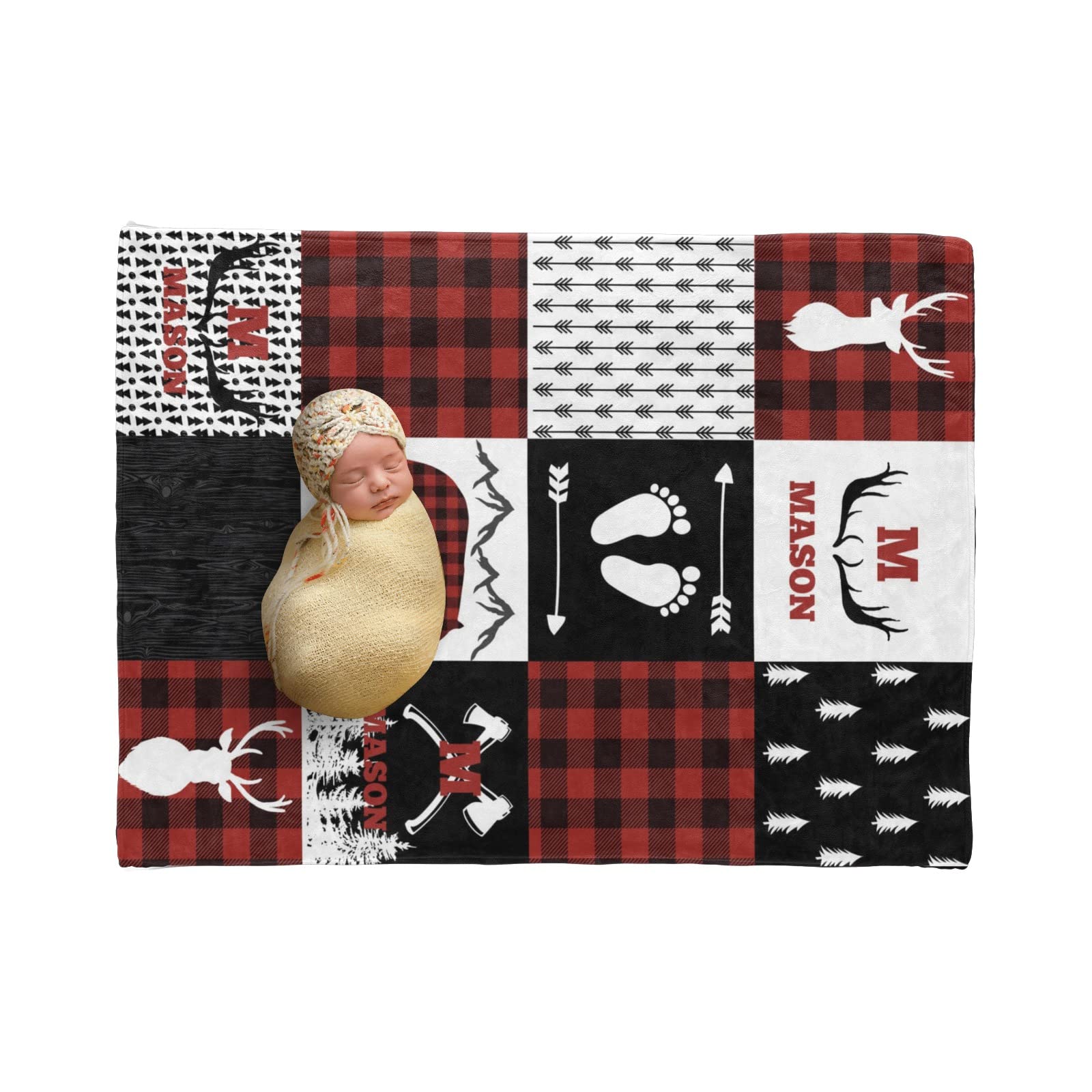 Personalized Baby Blanket With Name - Rustic Lumberjack Red Buffalo Plaid Bear Nursery Blanket 30x40