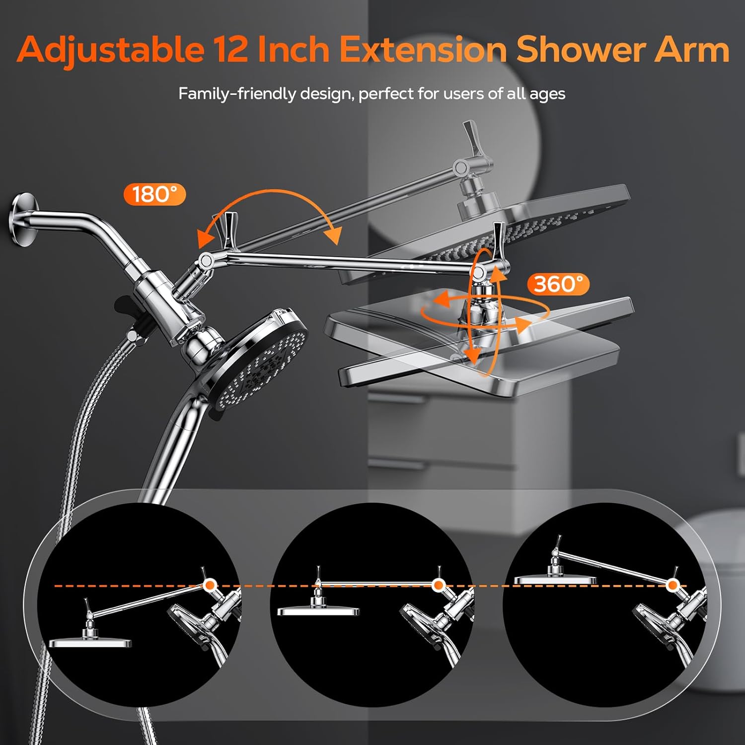 High Pressure Rain Shower Head Combo with Upgrade Magnetic Filtered Detachable Handheld Showerhead (10 Modes), 12" Rainfall Shower Head, 12" Adjustable Extension Arm, Chrome