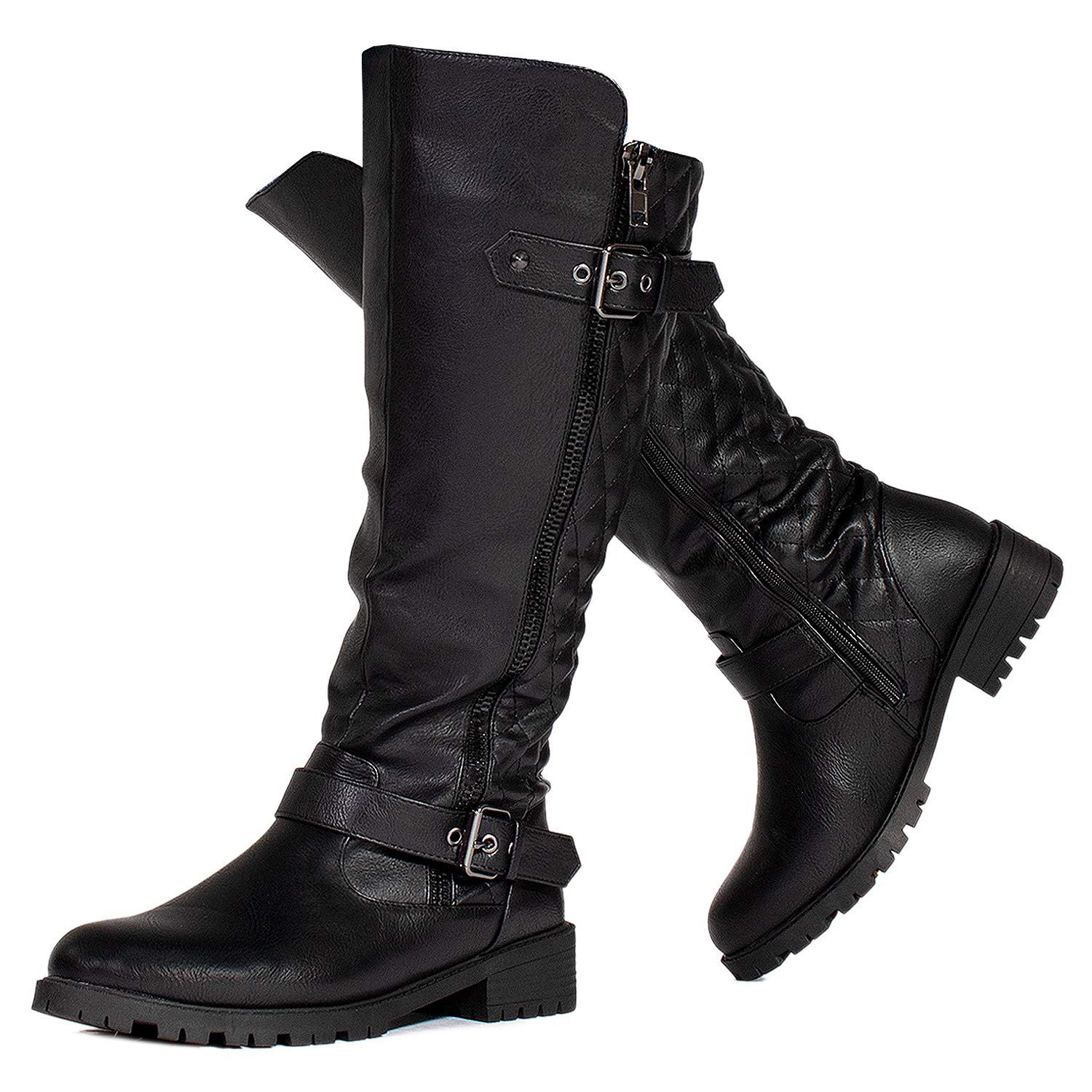 Women's Athletic Wide Calf Lug Sole Knee High Riding Boots w Hidden Pocket