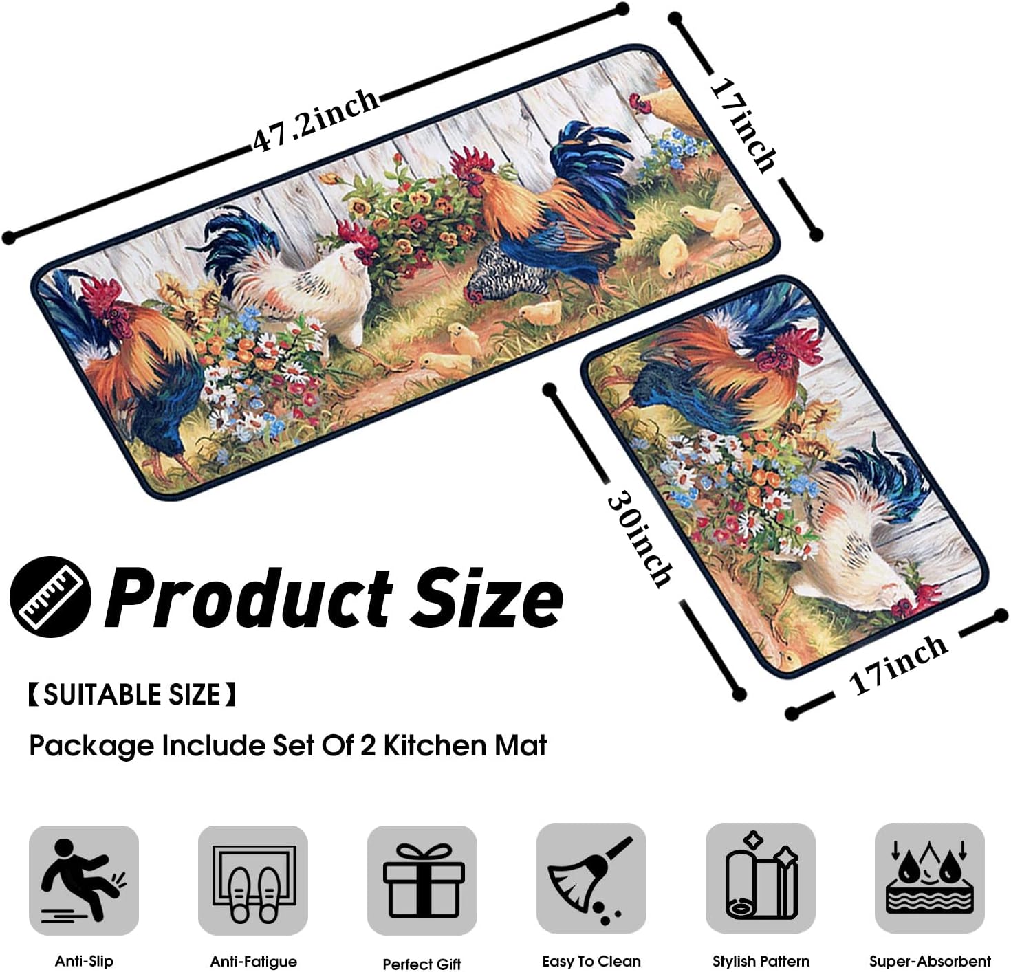 Rooster Kitchen Rugs and Mats Non Skid Washable Absorbent Microfiber Kitchen Mat for Floor, Kitchen Mat Set of 2 Rooster Kitchen Decor Stain Resistant 17"x47"+17"x30"