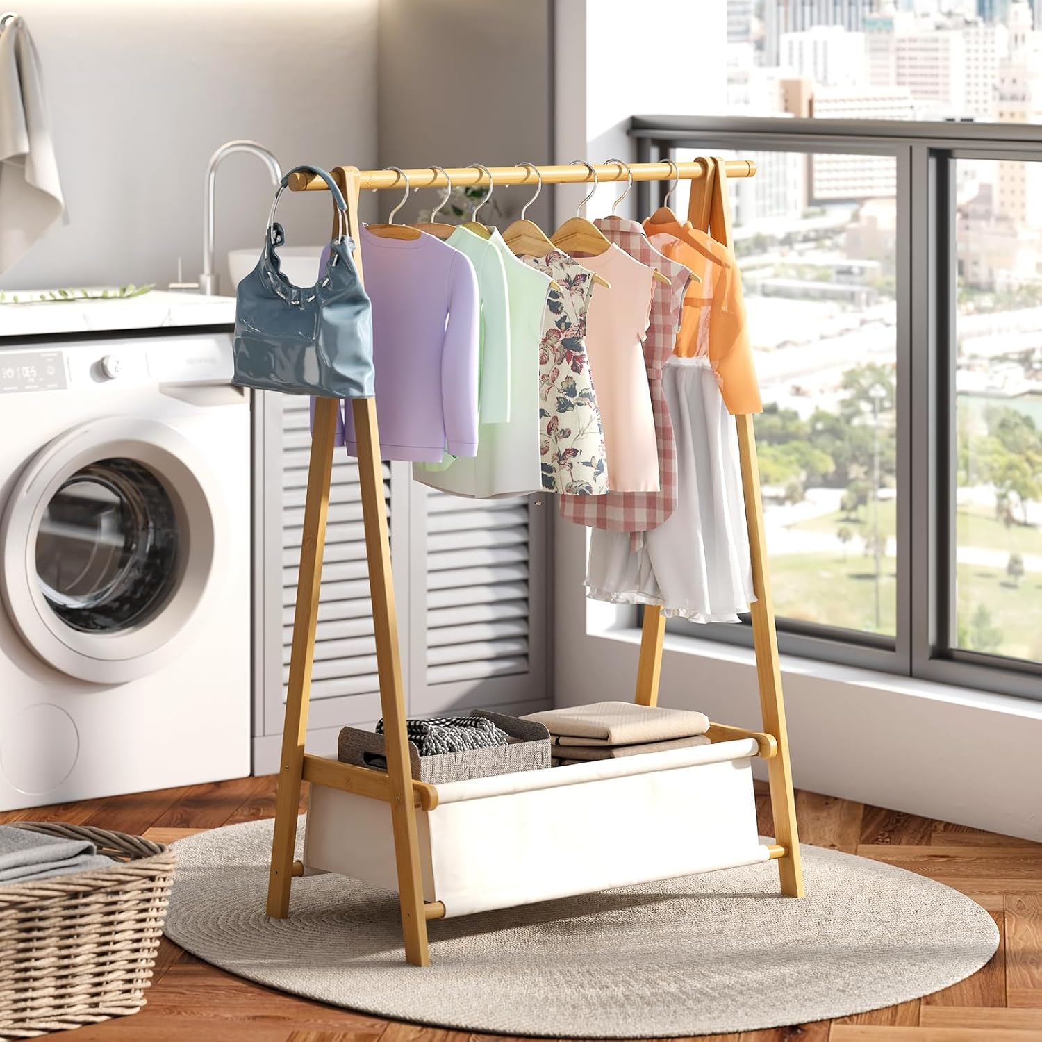 Dress Up Rack - Clothing Rack with Storage Box, Dress Up Storage, Small Foldable Bamboo Garment Stand with Hanging Rods, Dress Up Holder