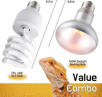 Reptile 100W Basking Spot Bulb & 10.0 24W UVA UVB Bulb Combo Dual Pack Heat Lamp Bulbs for Reptiles & Amphibians, Heat Lamp for Bearded Dragons, Turtles, Tortoises, Snake Tank Accessories