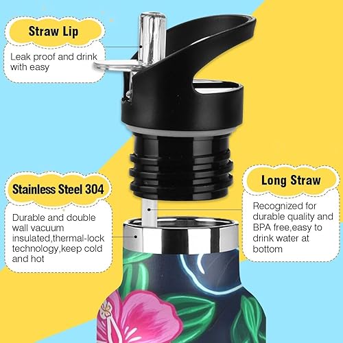 Miniatura 3 de Summer Neon Hibiscus Frangipani Flower - Botella de agua ligera con aislamiento deportivo con asa, para bebidas calientes y frías, doble pared para