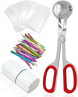 Cake Pop Mold Set, Including 100 Plastic 6-inch Sticks, 100 Treat Bags, 100Pcs Color Ties, Meat Baller for Cake Pops, Scooper Ball Maker for Lollipop, Candies, Chocolates and Cookies (Red)