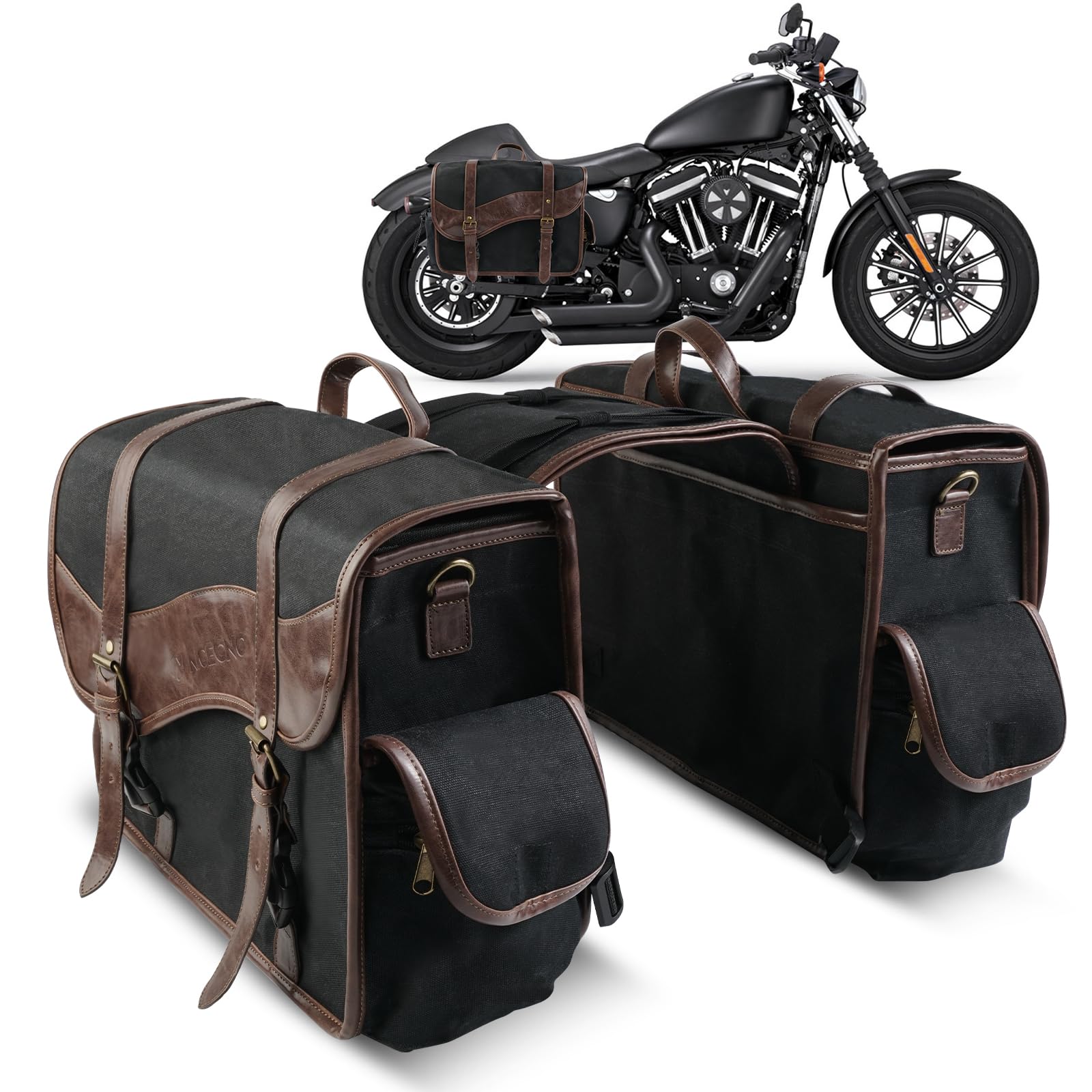 NICECNC Alforjas de sillín de Motocicleta Vintage en Lona Encerada al óleo, alforjas de Moto compatibles con Harley Adventure Street Glide (Negro)