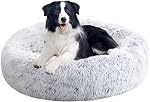 Lit de chien calmant, lit anti-anxiété pour animaux de compagnie Fluffy Faux Fur Donut Cat Bed, lavable et auto-échauffant lit de chien avec fond résistant à la glissade pour les grands chiens jusqu'à 65 Lbs