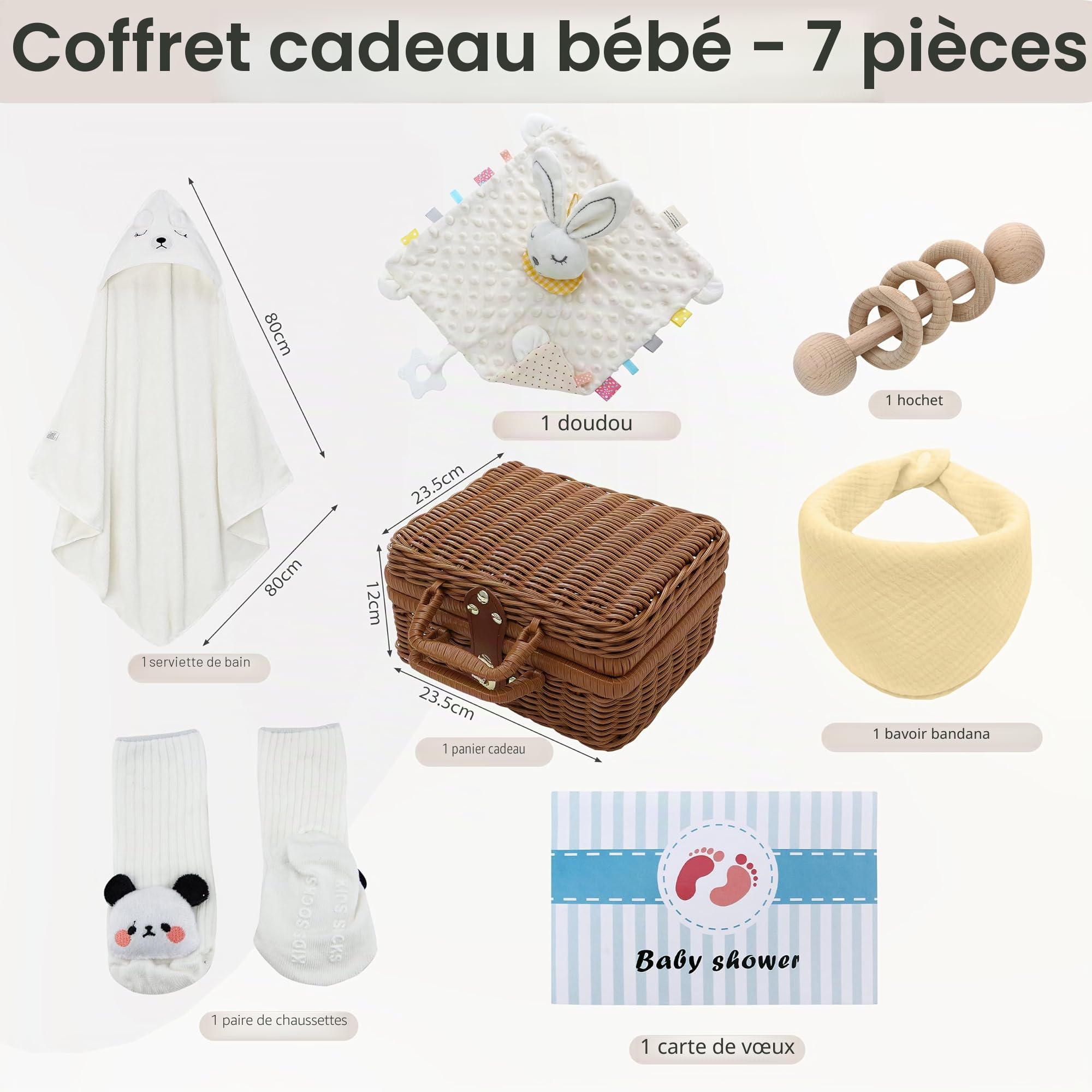 7 en 1 Coffret Naissance Cadeau, Panier personnalisé pour Baby Shower, Idéal Cadeau pour Naissance, Bébé garçons et filles, fête de la révélation du sexe, La première rencontre, blanc
