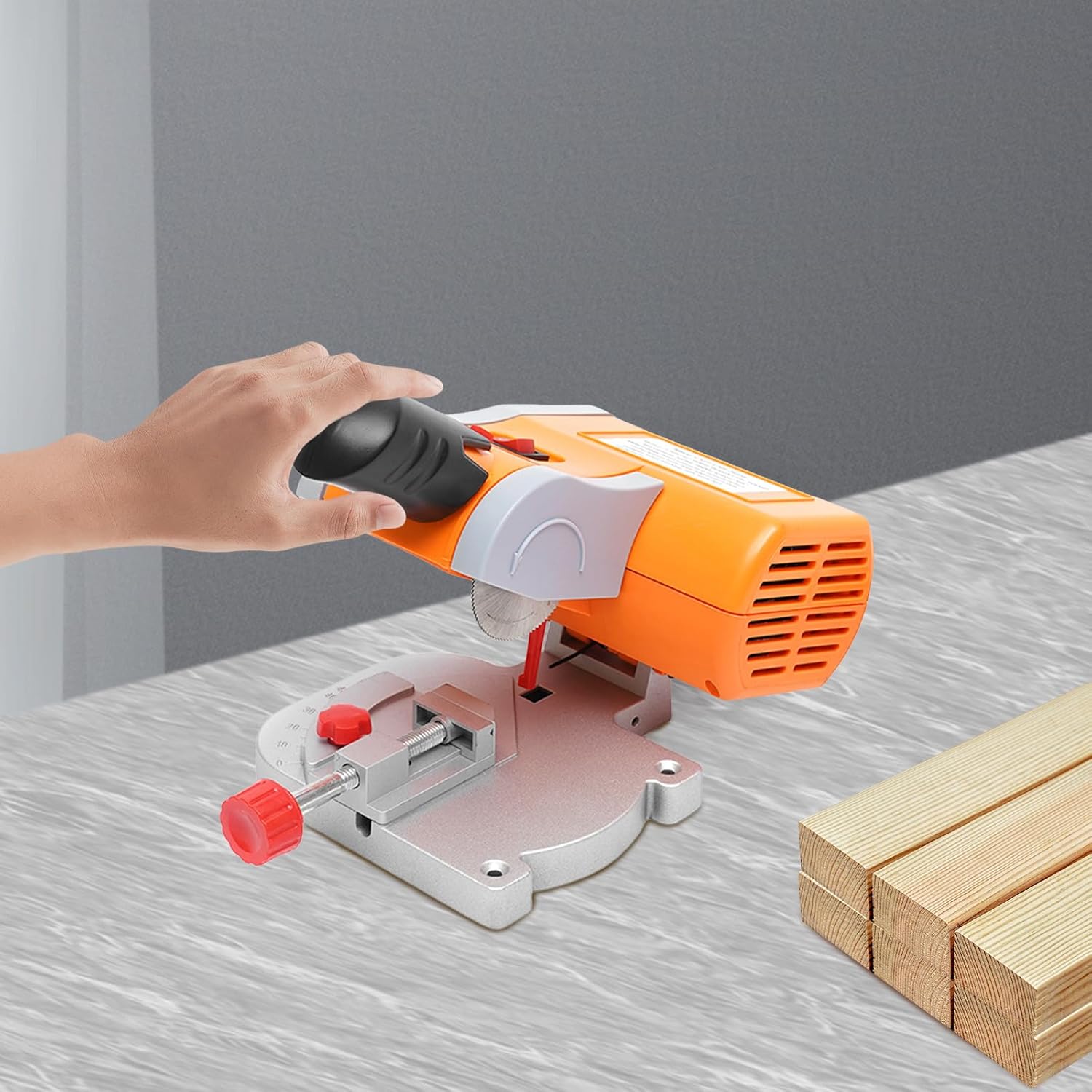 110V 90W Mini Miter Cut-Off Chop Saw，Electric Power Table Saw for Metal Wood Plastic Crafts Making Carbon Arrow Shafts Cutting, 0-45° Adjustable Small Electric Table