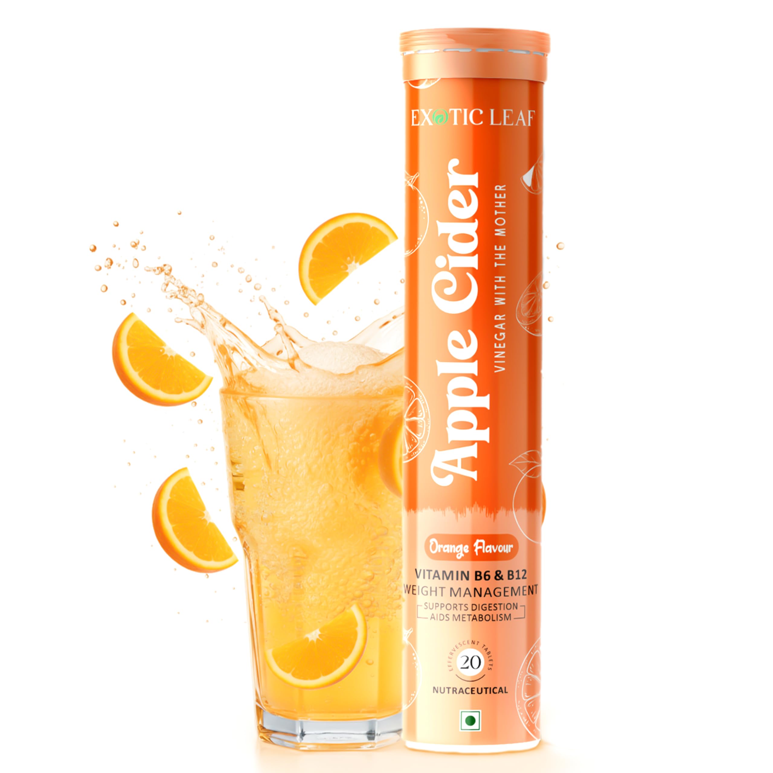 Exotic Leaf Apple Cider Vinegar Effervescent Tablets | Orange Flavour | With the Mother | Supports Digestion, Detox, Immunity & Weight Management | 20 Tablets-image-39