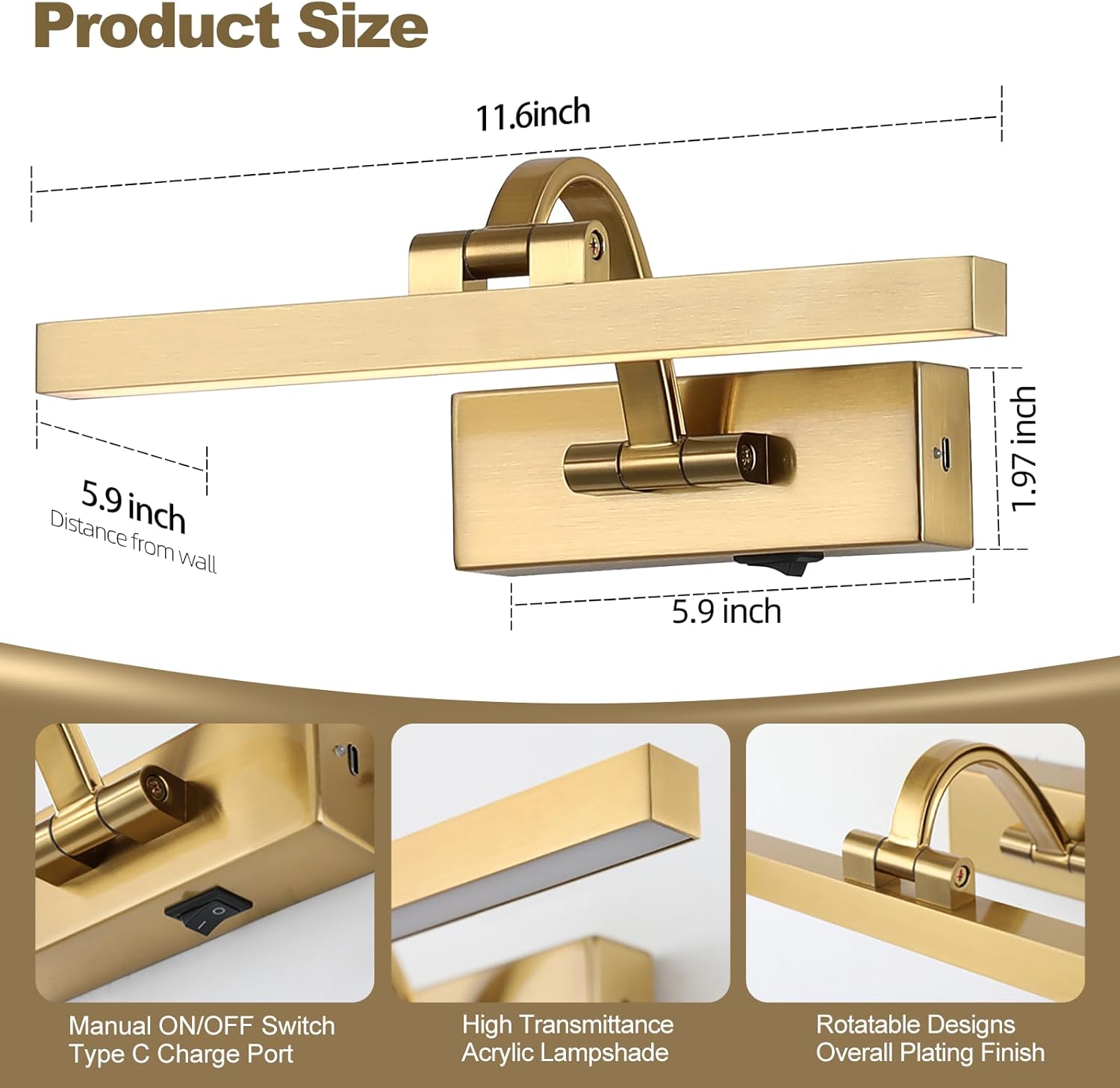 Picture Light with Remote 3 Colors Wireless Art Lights for Paintings,Rotatable Wall Sconce Rechargeable Battery Powered Painting Light,Dimmable Light Over Picture Frame for Gallery,Brass
